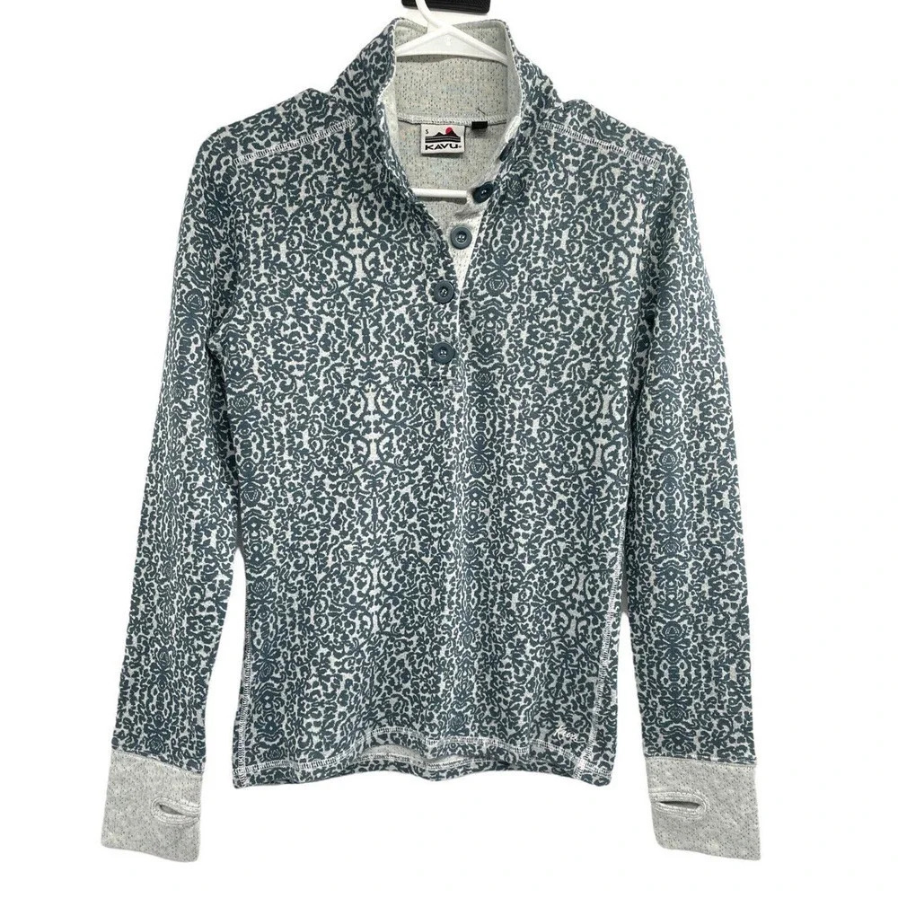 Kavu Women's Size S Lopez Long Sleeve Mock Neck Shirt Top Thumb Holes Button - Picture 1 of 11